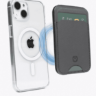 Clear iPhone case with MagSafe and a black magnetic wallet holding a green card.