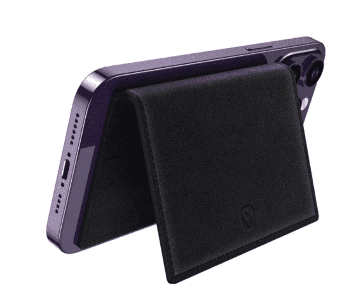 A black wallet stand is attached to the back of a purple smartphone, propping it up.