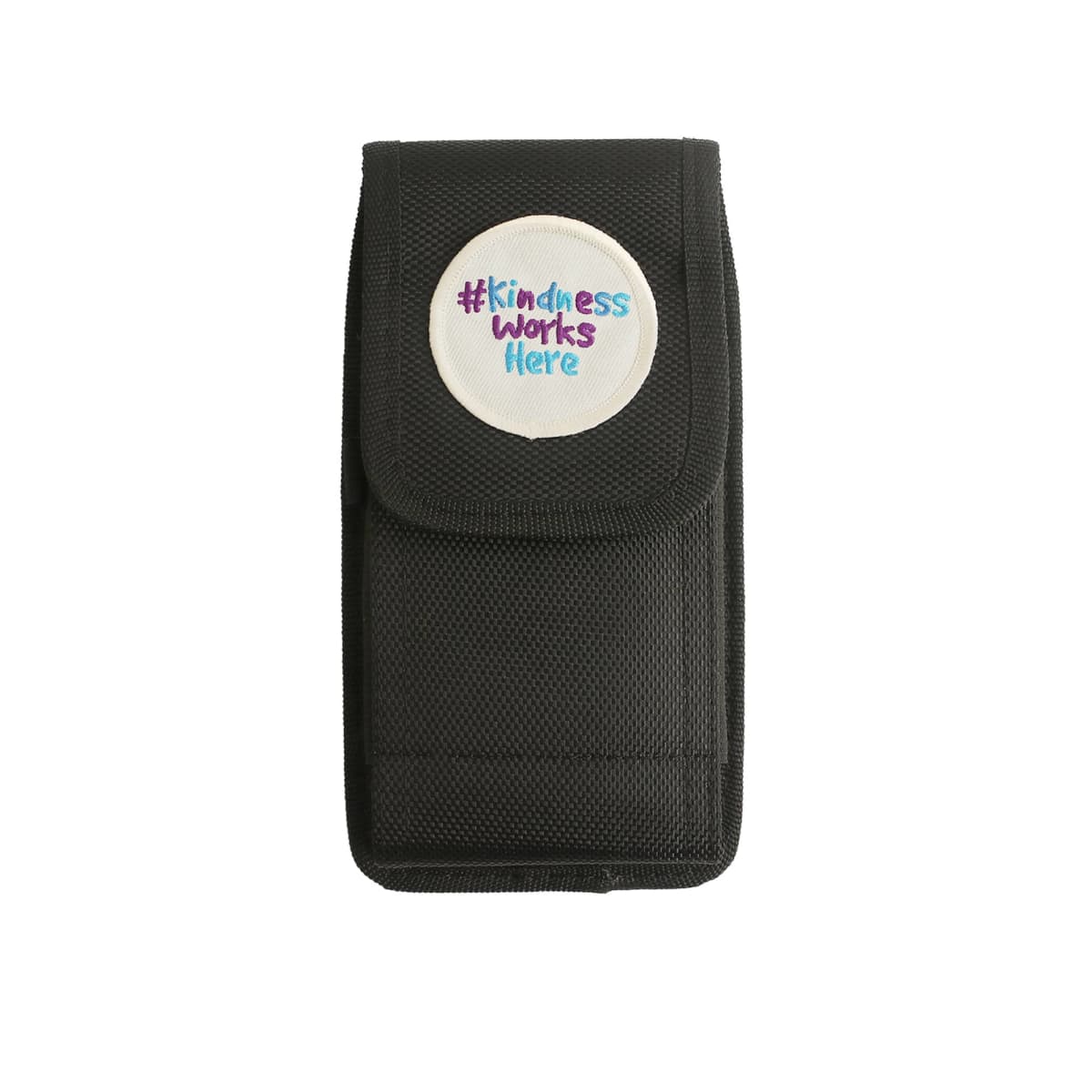 Black pouch with a #KindnessWorksHere logo on the front flap.