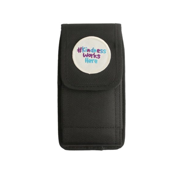 Black pouch with a #Kindness Works Here badge on the flap.