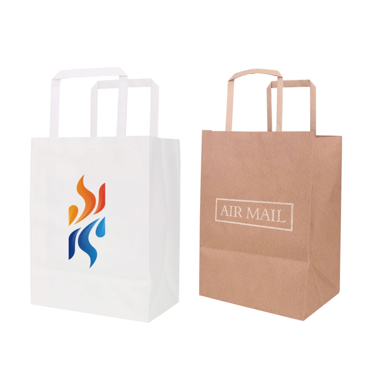 Two paper bags: one white with a colorful logo, one brown labeled Air Mail.