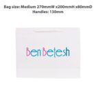 White shopping bag with BenBetesh in colorful text. Size details are above the bag.