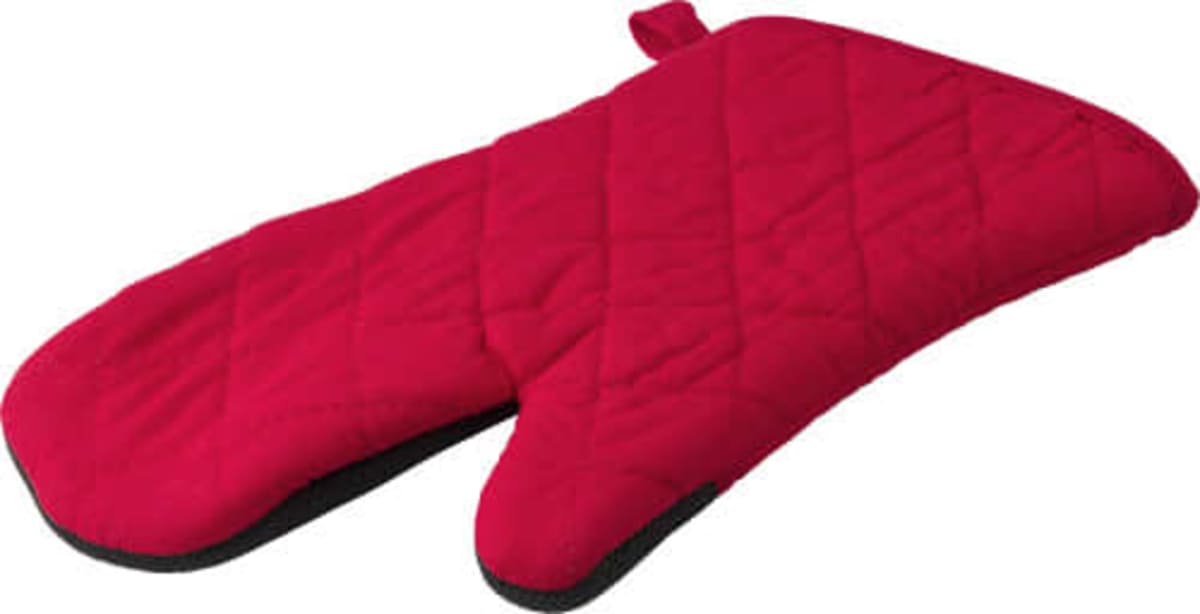 A red quilted oven mitt with a loop for hanging.