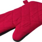 A red quilted oven mitt with a hanging loop against a white background.