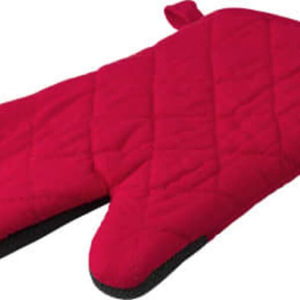 A red quilted oven mitt with a loop for hanging, lying flat on a white background.