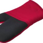 A red and black oven mitt with a textured gripping surface.