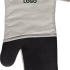 Gray and black oven mitt with YOUR LOGO text printed on the top.