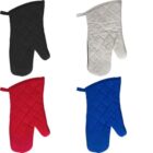 Four quilted oven mitts in black, white, red, and blue, each with a hanging loop.