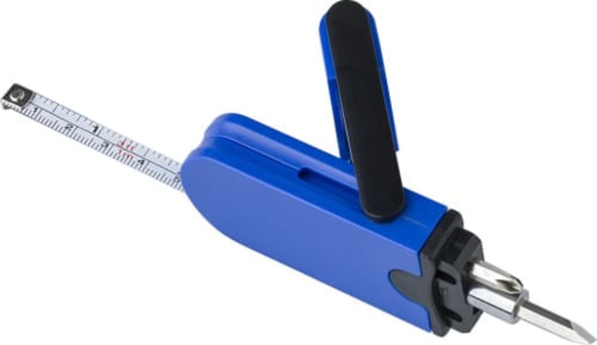 A blue handheld device with a tape measure and a black handle.