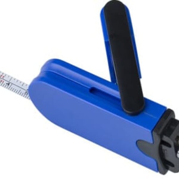 A blue pencil sharpener with a rotating handle and an extended measuring tape.