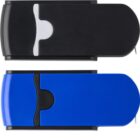 Two USB flash drives, one black and one blue, both with sliding covers, on a white background.