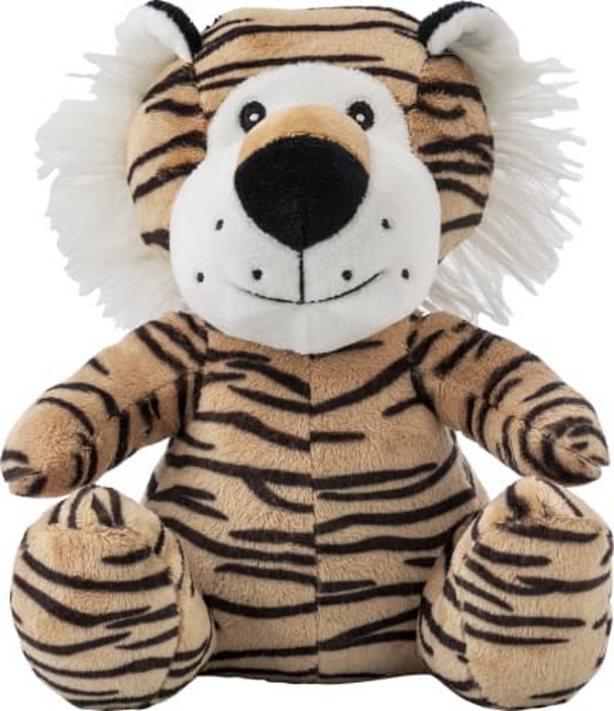 A plush toy tiger with a white face, black button eyes, and a friendly smile. It has a striped pattern with black lines on a light brown background and fluffy white tufts around the ears.