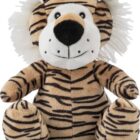 A plush toy tiger with a friendly smile. The toy has black stripes on a light brown background, a white muzzle, and fluffy white ears. It is sitting down with its arms outstretched.