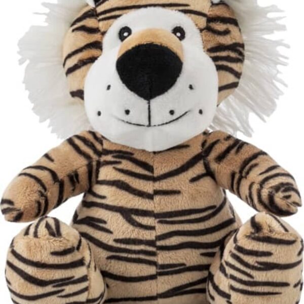 A plush toy tiger with black stripes, a white face and belly, and a friendly expression. The toy has a big nose, embroidered smile, and fluffy white ears.