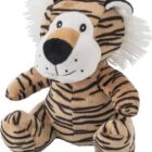 A plush toy designed to look like a tiger with white and black stripes, a white face, black nose, and fluffy white ears. The toy is sitting upright with a friendly expression.