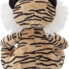A plush toy tiger is seated with its back facing the viewer. It features a brown body with black stripes, black ears, and white tufts of fur on the sides of its head.