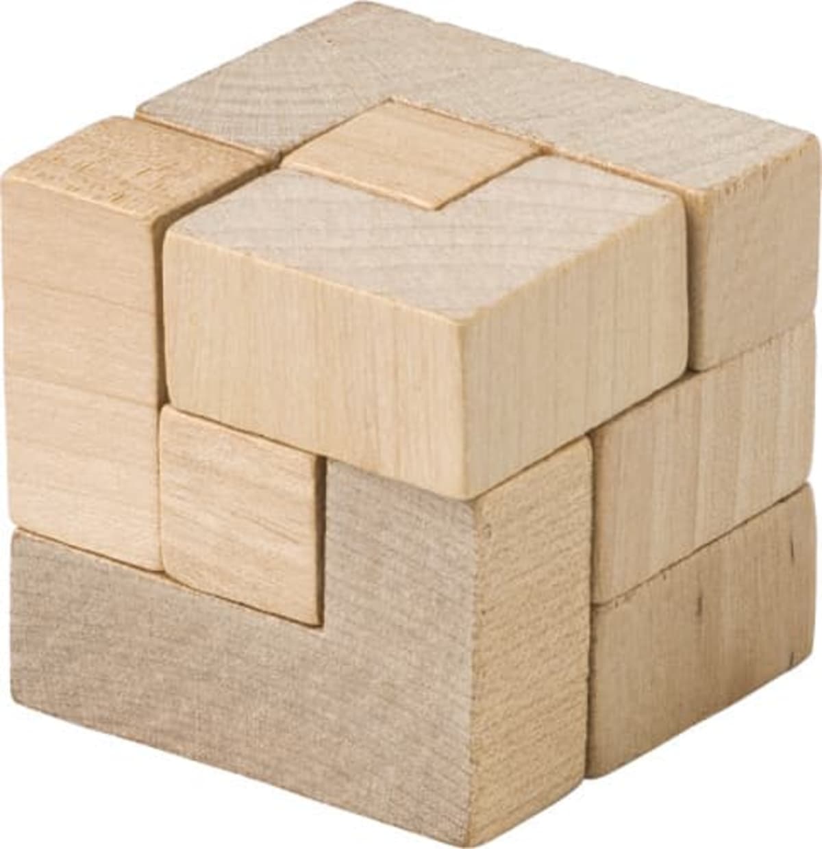Wooden puzzle cube with interlocking rectangular pieces.