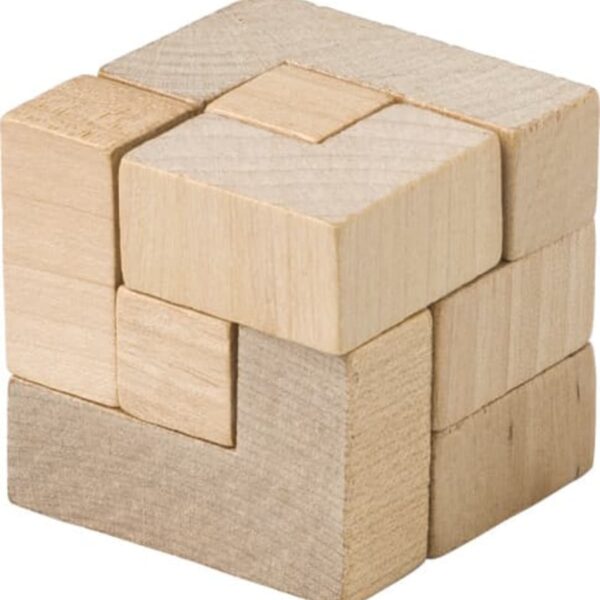 Wooden puzzle cube made of interlocking blocks.
