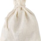 Small drawstring cloth bag tied at the top, made of off-white fabric.