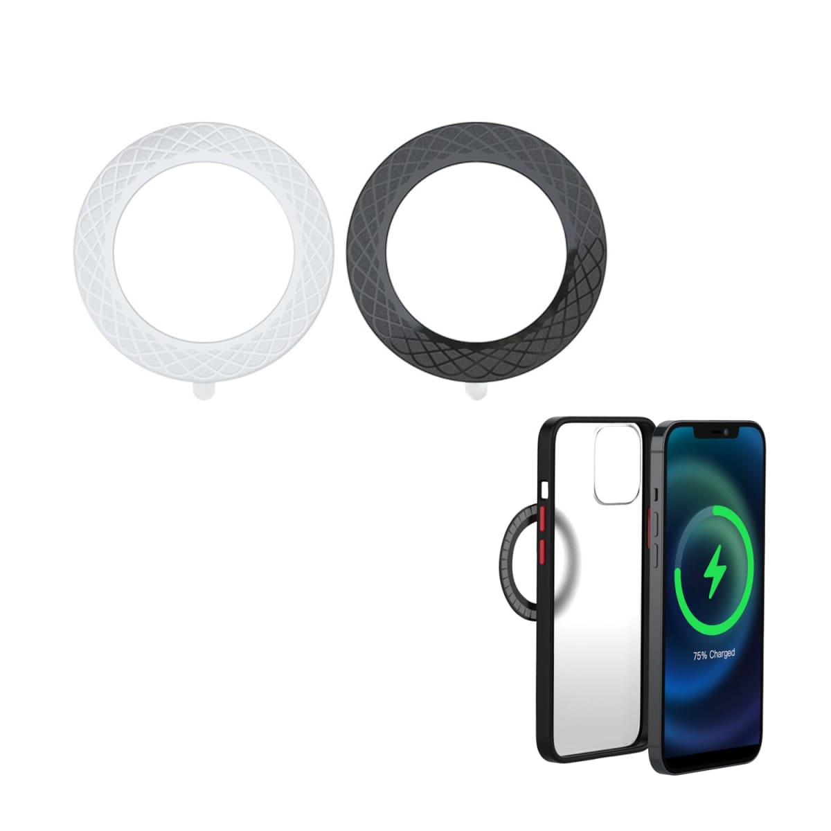 Two magnetic phone rings and a phone case showing wireless charging on a smartphone.