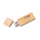 Wooden USB drive with logo, cap removed, on a white background.