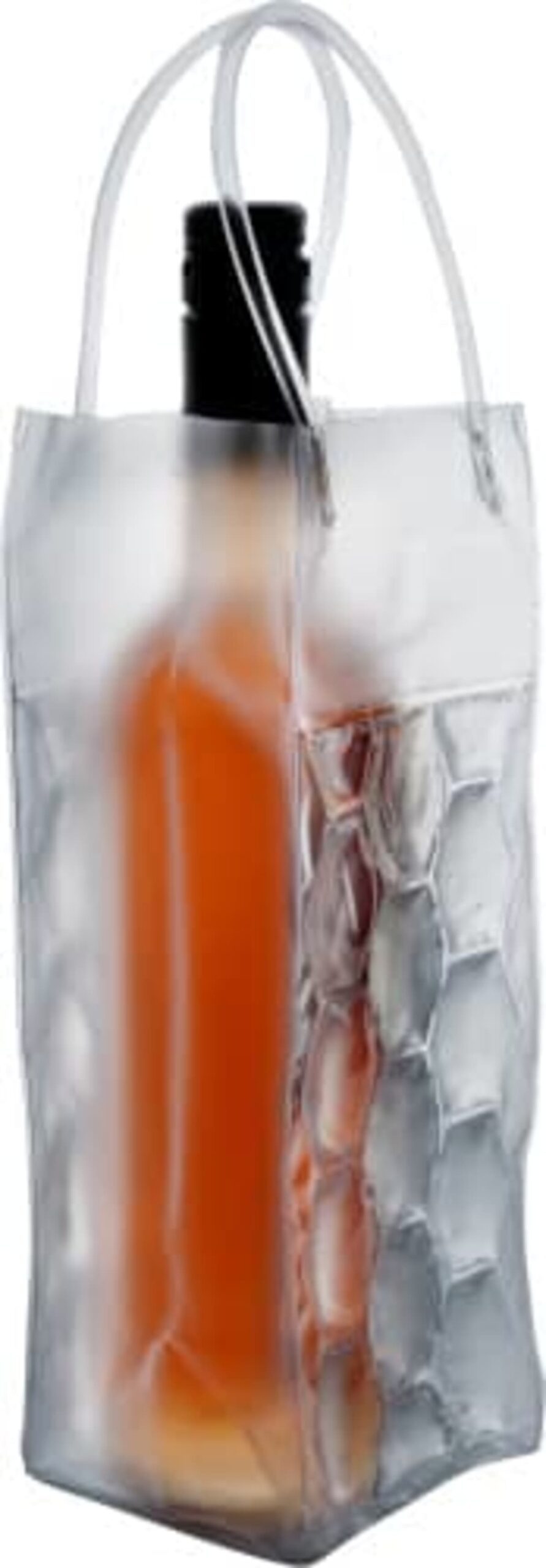 Bottle in a clear ice bag with handles and hexagonal patterns.