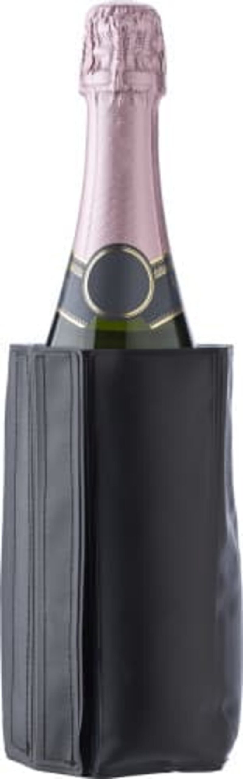 Champagne bottle in a black cooler sleeve.