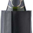 Champagne bottle in a black cooler sleeve.