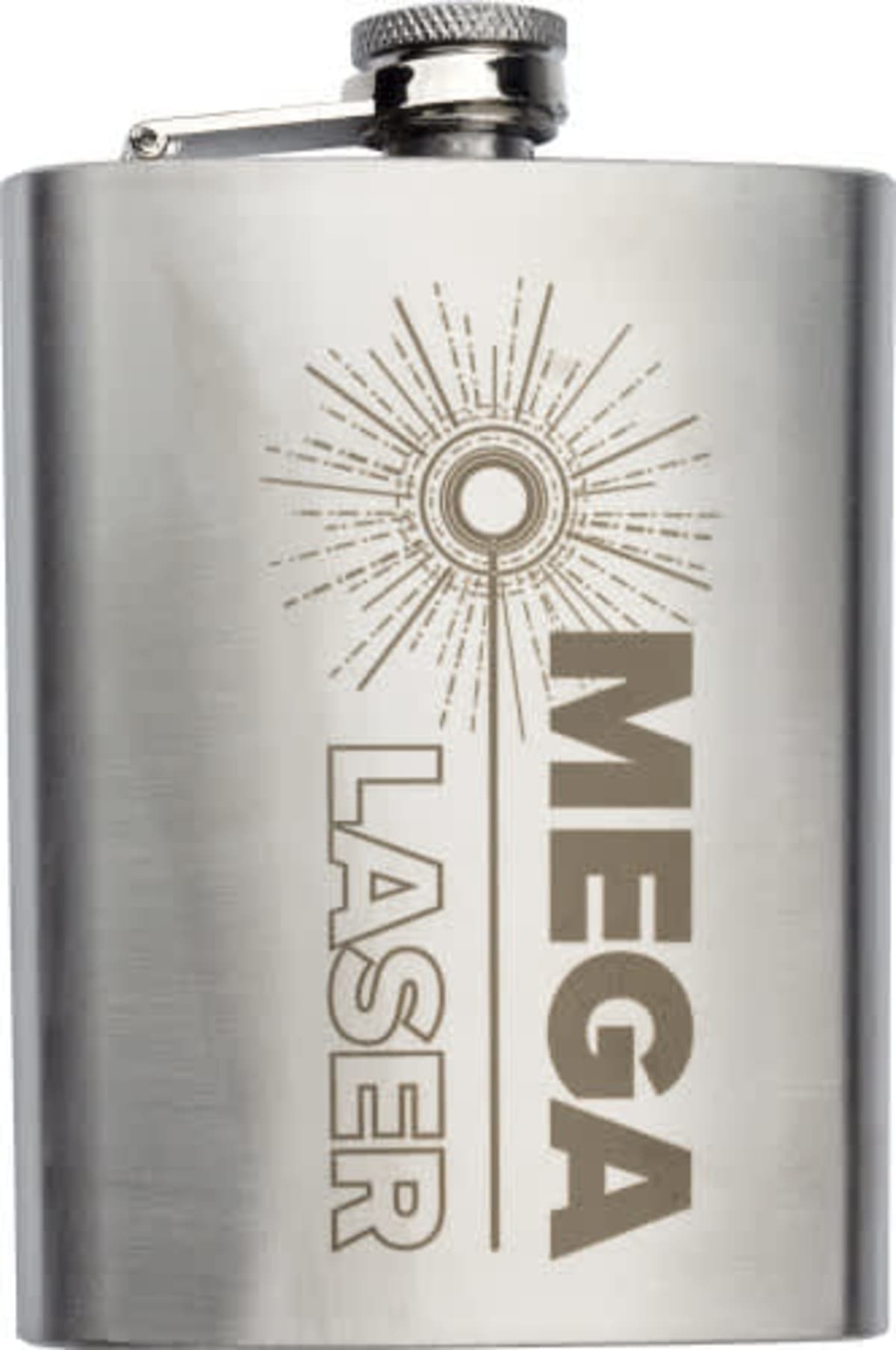 Metal flask with Mega Laser and a laser beam design etched on it.