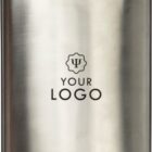 Stainless steel hip flask with Your Logo text and symbol on the front.