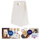 White paper bag with a cutout handle, with sticker and stamp customization options shown below.