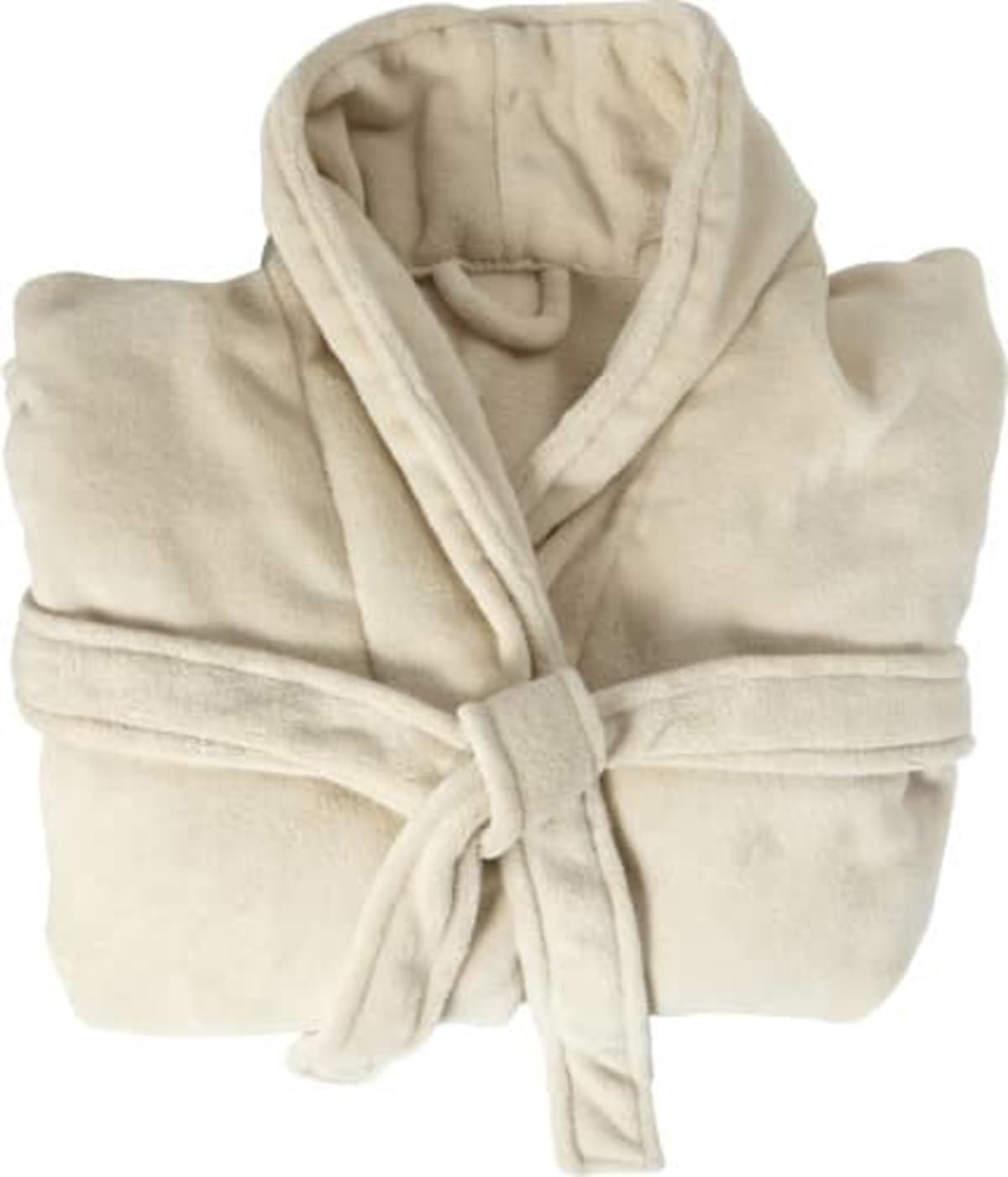 Beige plush bathrobe folded with a belt tied in the front.