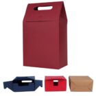 Tall red paper bag with handle, three folded boxes below: black, red, and brown.