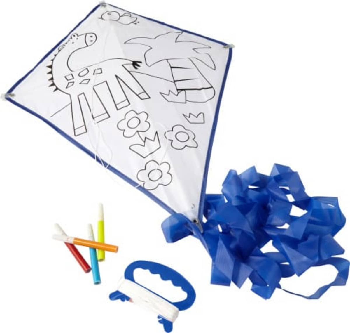 A diamond-shaped kite with a black and white drawing of a giraffe, flowers, and clouds. It includes blue edges and a blue tail. Four colored markers and a blue handle with string are placed beside it.