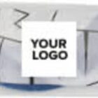 A packaged item with abstract blue and gray patterns and a central white label displaying YOUR LOGO in black text. The packaging is transparent, revealing the design beneath.