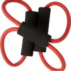 Red resistance band with four loops and black foam handles.