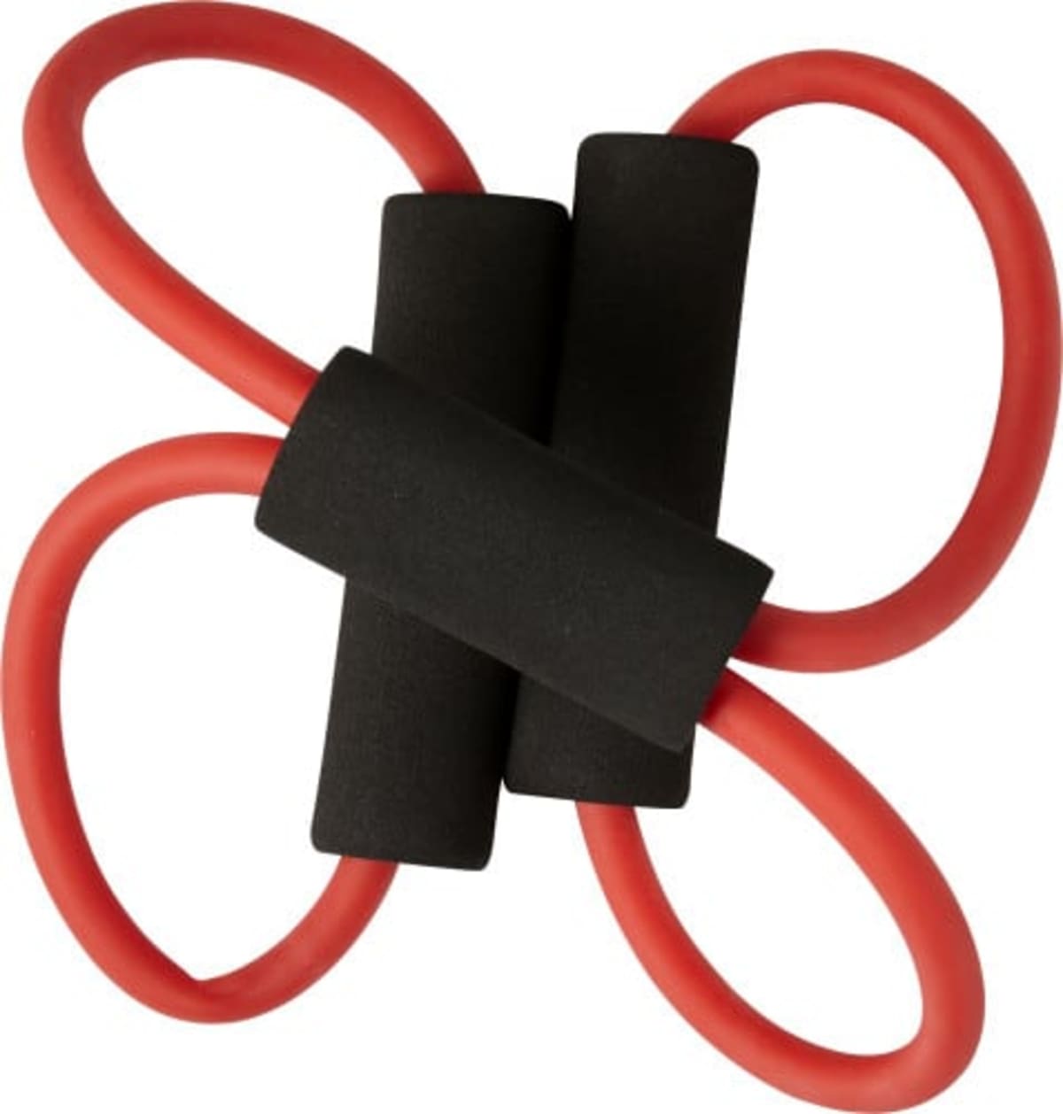 Red resistance band with four loops and black foam handles.