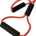 Red exercise resistance band with black foam handles.