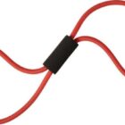 Red resistance band with black foam handles on both ends.