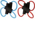 Two butterfly-shaped resistance bands, one blue and one red, with black foam handles.