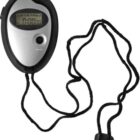 Digital stopwatch with a black lanyard attached, displaying zero on its screen.