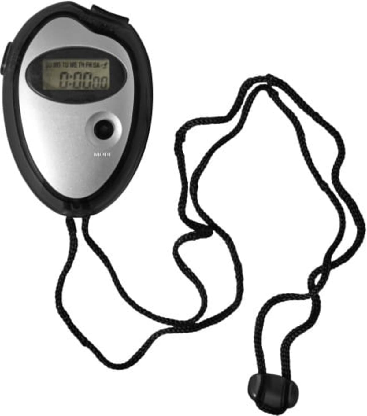 Digital stopwatch with a black lanyard attached, displaying zero on its screen.