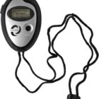 A black digital stopwatch with a cord attached, displaying 0:00:00 on its screen.