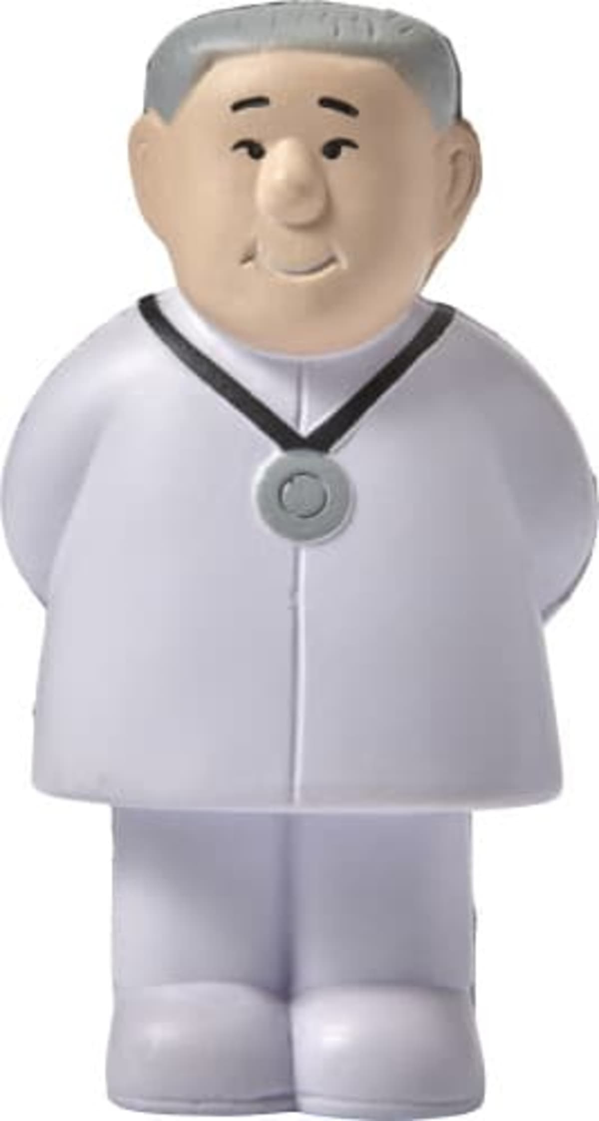 Toy figure of a doctor in a white coat with a stethoscope around the neck.
