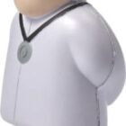 Toy figure of a doctor in a white coat with a stethoscope around the neck, standing sideways.