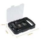 Tool kit with various bits and tools in an open black plastic case; dimensions shown in mm.