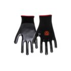 Black and red work gloves with a logo on the palm.
