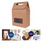 Brown paper bag with handle and window, additional sticker and stamp options shown below.