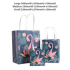 Three flamingo-themed gift bags in varying sizes with dimensions listed above.