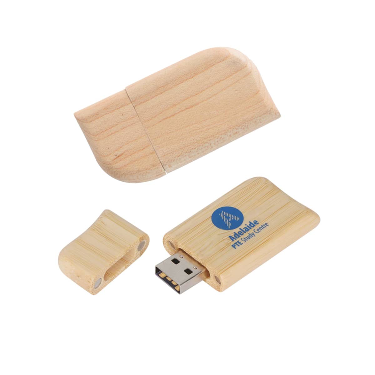 Wooden USB flash drive with detached cap, showing USB connector, angled view.